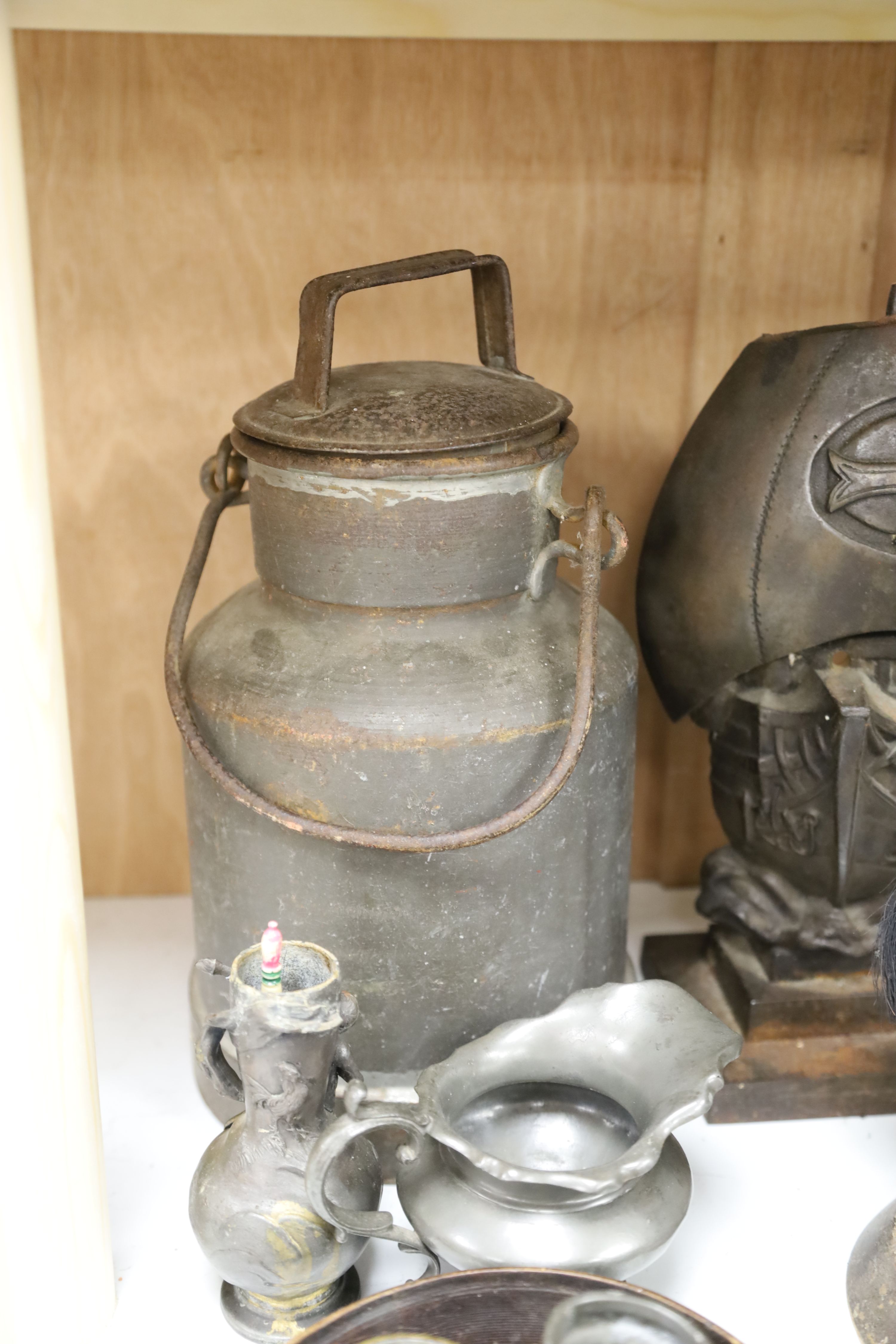 Assorted metalware including a copper tobacco box, a miniature jelly mould, etc
